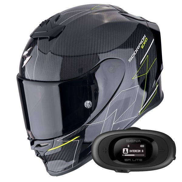 Full Face Scorpion Exo R1 Evo Carbon Air Cynergy Black Yellow Fluo + Kit bluetooth 5R Lite Full Face Scorpion Exo R1 Evo Carbon Air Cynergy Black Yellow Fluo + Kit bluetooth 5R Lite