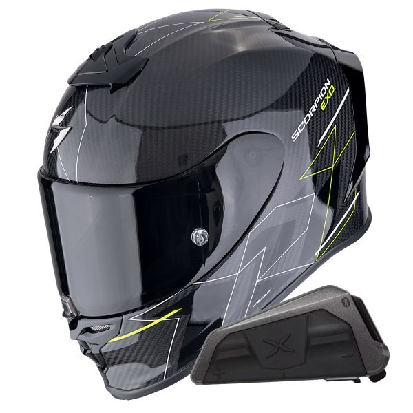 Full Face Scorpion Exo R1 Evo Carbon Air Cynergy Yellow Fluo + Kit bluetooth Exo-Com Link-1