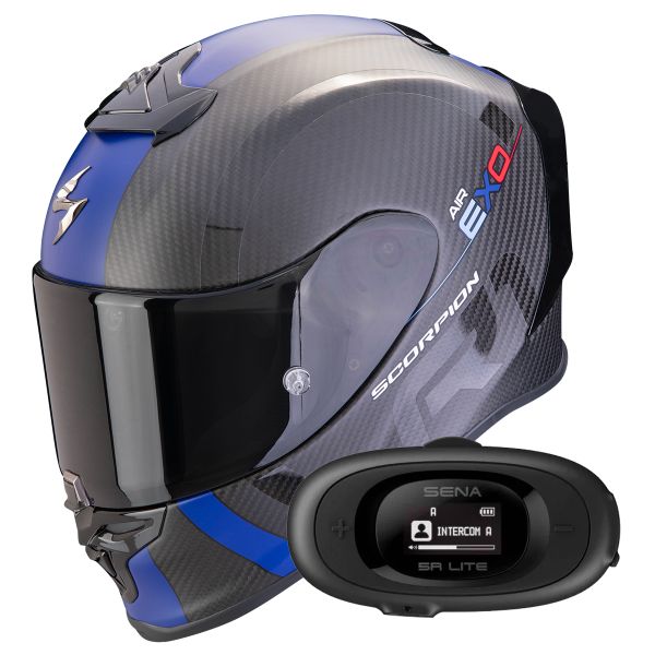 Full Face Scorpion Exo R1 Evo Carbon Air MG Matt Black Blue + Kit bluetooth 5R Lite Solo