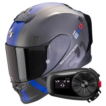 Full Face Scorpion Exo R1 Evo Carbon Air MG Matt Black Blue + Kit Bluetooth 5S Solo
