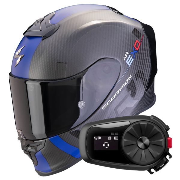 Full Face Scorpion Exo R1 Evo Carbon Air MG Matt Black Blue + Kit Bluetooth 5S Solo