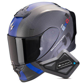 Full Face Scorpion Exo R1 Evo Carbon Air MG Matt Black Blue + Kit Bluetooth BT Mini