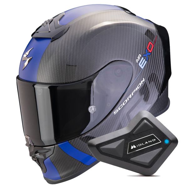 Full Face Scorpion Exo R1 Evo Carbon Air MG Matt Black Blue + Kit Bluetooth BT Mini Full Face Scorpion Exo R1 Evo Carbon Air MG Matt Black Blue + Kit Bluetooth BT Mini