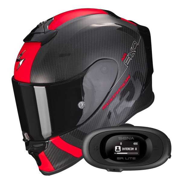 Full Face Scorpion Exo R1 Evo Carbon Air MG Matt Black Red + Kit bluetooth 5R Lite
