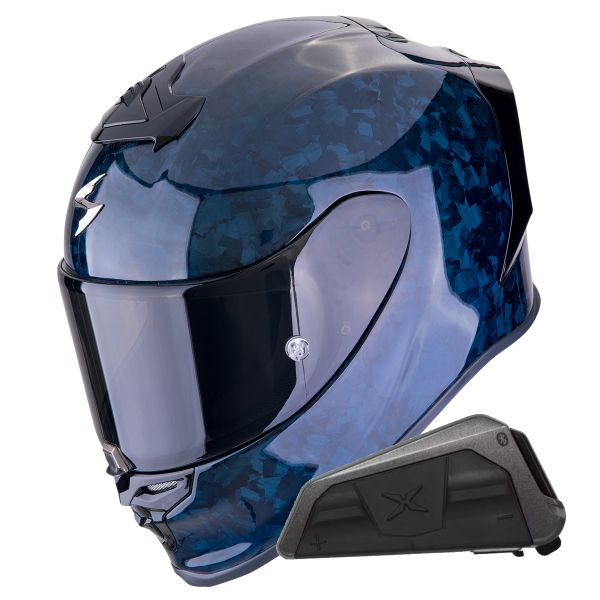 Full Face Scorpion Exo R1 Evo Carbon Air Onyx Blue + Kit bluetooth Exo-Com Link-1