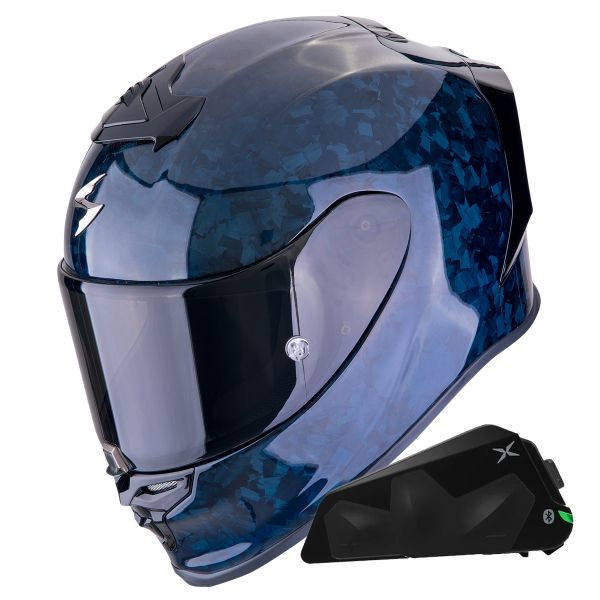 Full Face Scorpion Exo R1 Evo Carbon Air Onyx Blue + Kit bluetooth Exo-Com Link-1C