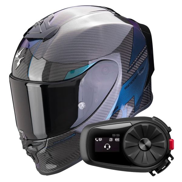 Full Face Scorpion Exo R1 Evo Carbon Air Rally Black Chameleon + Kit Bluetooth 5S Solo