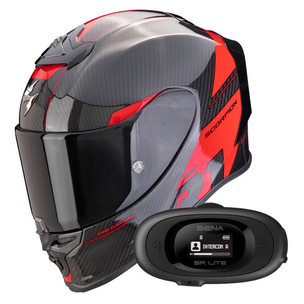 Full Face Scorpion Exo R1 Evo Carbon Air Rally Black Red + Kit bluetooth 5R Lite Solo