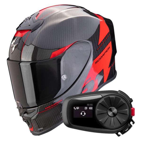Full Face Scorpion Exo R1 Evo Carbon Air Rally Black Red + Kit Bluetooth 5S Solo