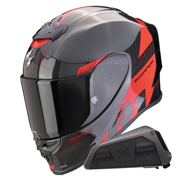 Full Face Scorpion Exo R1 Evo Carbon Air Rally Black Red + Kit bluetooth Exo-Com Link-1