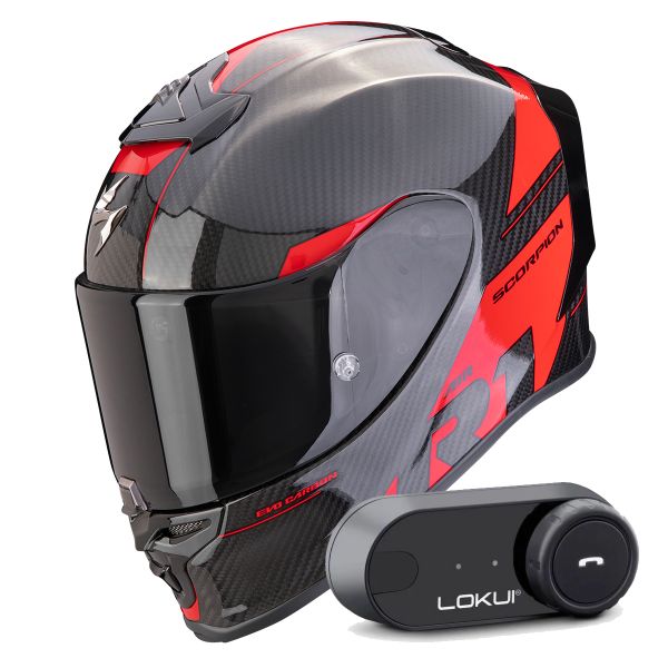Full Face Scorpion Exo R1 Evo Carbon Air Rally Black Red + Kit Bluetooth Lokui K30