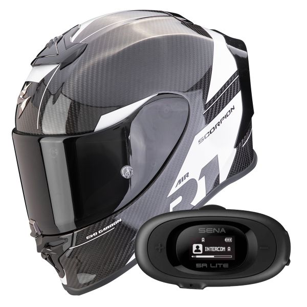 Full Face Scorpion Exo R1 Evo Carbon Air Rally Black White + Kit bluetooth 5R Lite Solo