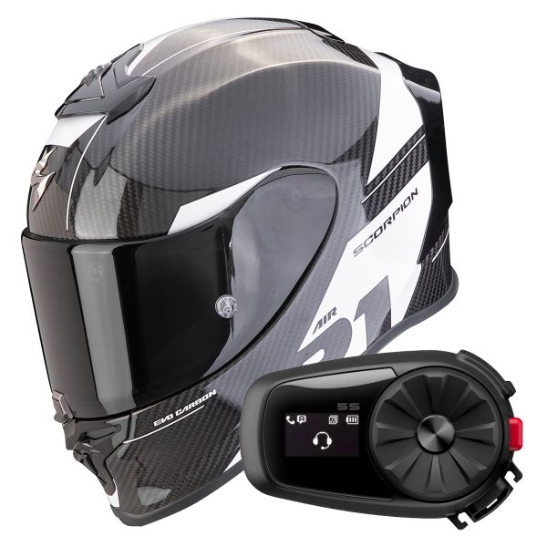Full Face Scorpion Exo R1 Evo Carbon Air Rally Black White + Kit Bluetooth 5S Solo