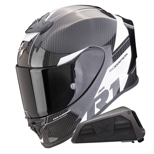 Full Face Scorpion Exo R1 Evo Carbon Air Rally Black White + Kit bluetooth Exo-Com Link-1