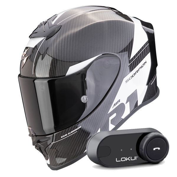 Full Face Scorpion Exo R1 Evo Carbon Air Rally Black White + Kit Bluetooth Lokui K30