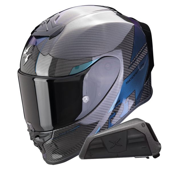 Full Face Scorpion Exo R1 Evo Carbon Air Rally Chameleon + Kit bluetooth Exo-Com Link-1