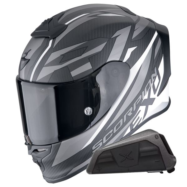 Full Face Scorpion Exo R1 Evo Carbon Air Runner Black White + Kit bluetooth Exo-Com Link-1