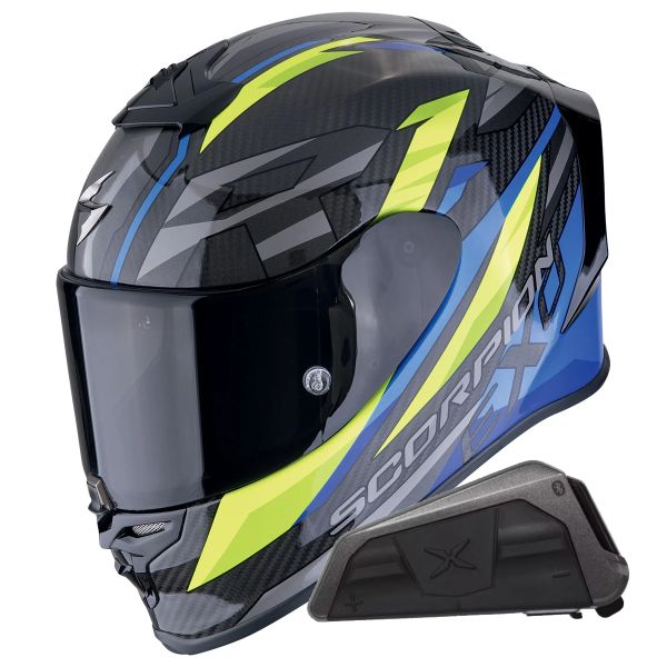 Full Face Scorpion Exo R1 Evo Carbon Air Runner Blue Yellow + Kit bluetooth Exo-Com Link-1