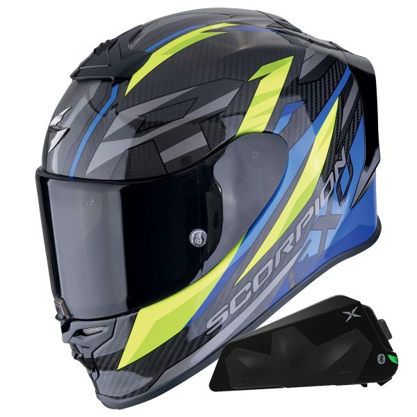 Full Face Scorpion Exo R1 Evo Carbon Air Runner Blue Yellow + Kit bluetooth Exo-Com Link-1C