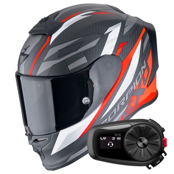 Full Face Scorpion Exo R1 Evo Carbon Air Runner Matt Black Red + Kit Bluetooth 5S Solo