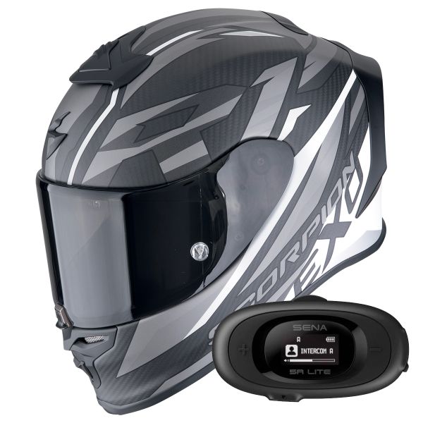 Full Face Scorpion Exo R1 Evo Carbon Air Runner Matt Black White + Kit bluetooth 5R Lite
