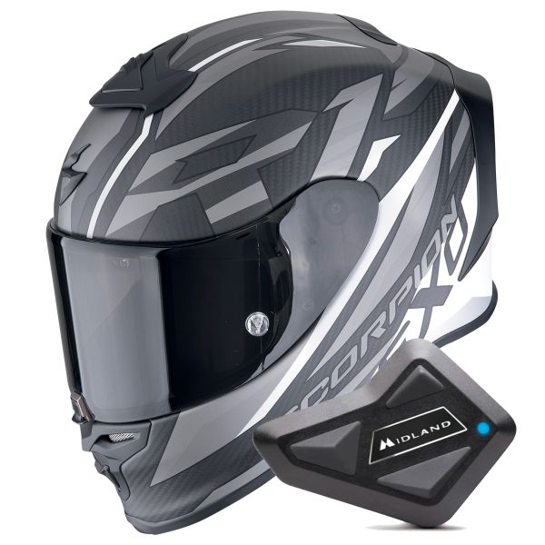 Full Face Scorpion Exo R1 Evo Carbon Air Runner Matt Black White + Kit Bluetooth BT Mini
