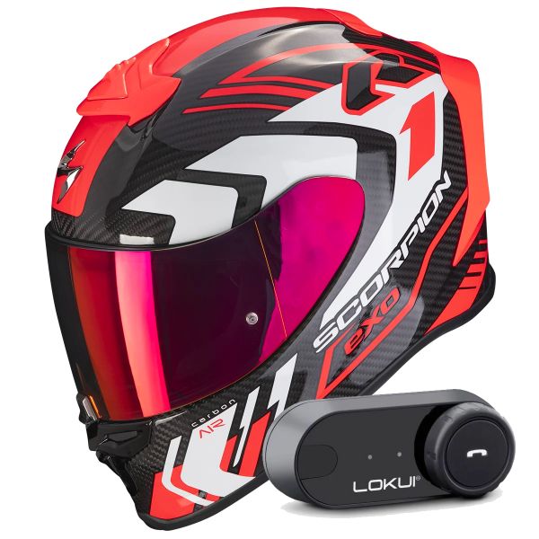 Full Face Scorpion Exo R1 Evo Carbon Air Supra Black Red + Kit Bluetooth Lokui K30