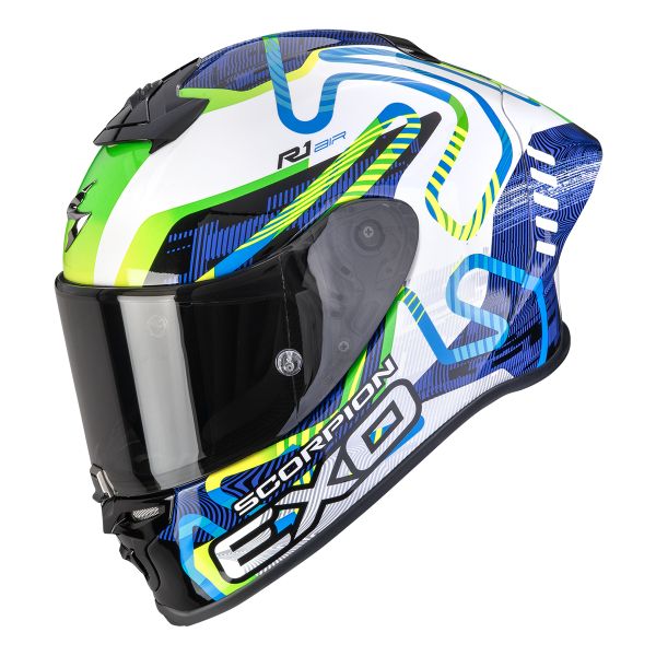 Full Face Scorpion Exo R1 Evo II Air Cornering White Blue Green Full Face Scorpion Exo R1 Evo II Air Cornering White Blue Green