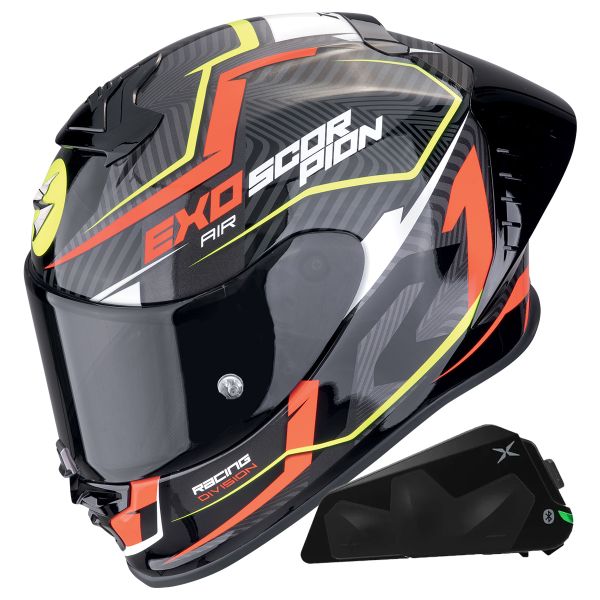 Full Face Scorpion Exo R1 Evo II Air Coup Black Red Fluo + Kit bluetooth Exo-Com Link-1C