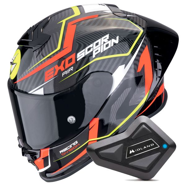 Full Face Scorpion Exo R1 Evo II Air Coup Black Red Yellow Fluo + Kit Bluetooth BT Mini