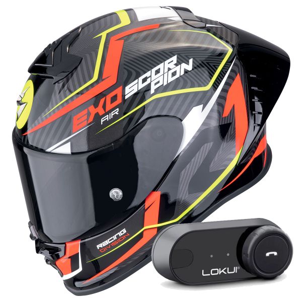 Full Face Scorpion Exo R1 Evo II Air Coup Black Red Yellow Fluo + Kit Bluetooth Lokui K30