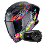 Casque Full Face Scorpion Exo R1 Evo II Air Savage Black Blue Pink + Kit Bluetooth 5S Solo
