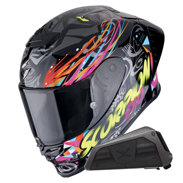 Full Face Scorpion Exo R1 Evo II Air Savage Black Blue Pink + Kit bluetooth Exo-Com Link-1 Full Face Scorpion Exo R1 Evo II Air Savage Black Blue Pink + Kit bluetooth Exo-Com Link-1