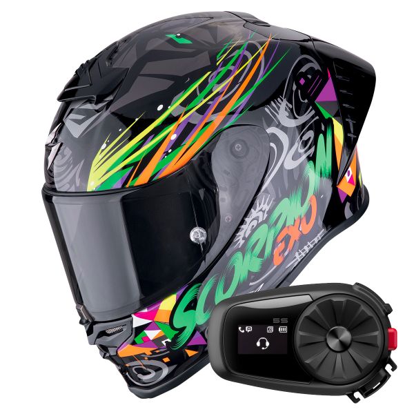 Full Face Scorpion Exo R1 Evo II Air Savage Black Green Orange + Kit Bluetooth 5S Solo