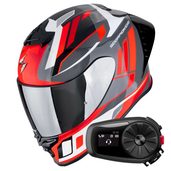 Full Face Scorpion Exo R1 Evo II Air Vital Grey White Red + Kit Bluetooth 5S Solo