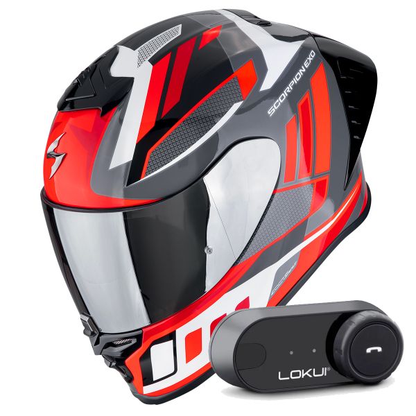 Full Face Scorpion Exo R1 Evo II Air Vital Grey White Red + Kit Bluetooth Lokui K30
