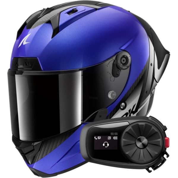 Full Face Shark Aeron GP Blank SP Carbon Blue Anthracite + Kit Bluetooth 5S Solo