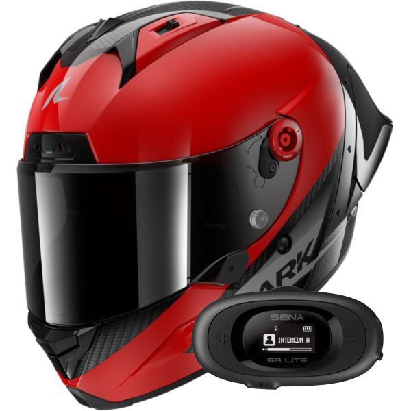 Full Face Shark Aeron GP Blank SP Carbon Red Anthracite + Kit bluetooth 5R Lite Solo