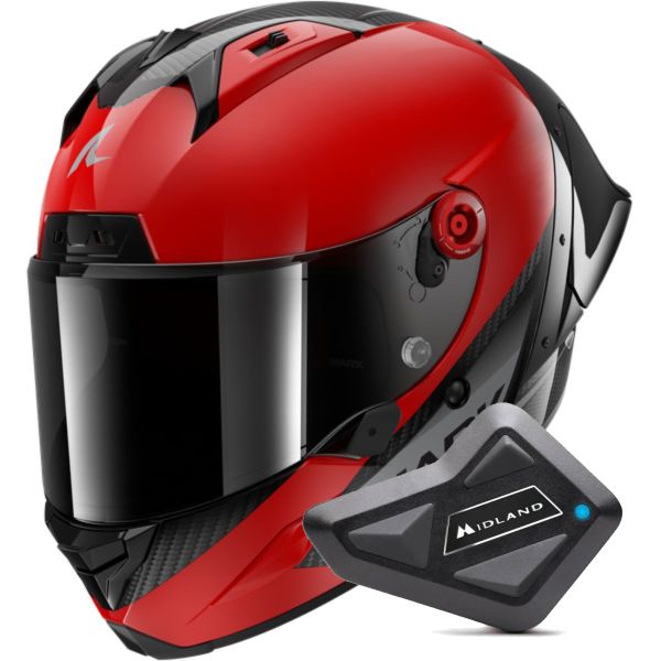 Full Face Shark Aeron GP Blank SP Carbon Red Anthracite + Kit Bluetooth BT Mini