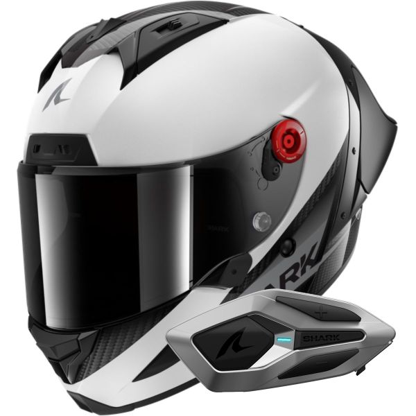 Full Face Shark Aeron GP Blank SP Carbon White Anthracite + Kit Bluetooth Sena Mesh