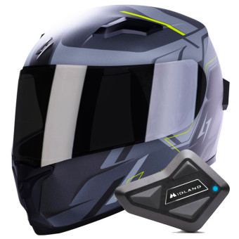 Full Face Stormer Wise Runner Grey Neon Yellow Matt + Kit Bluetooth BT Mini