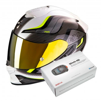 Full Face Scorpion Exo 1400 Air Attune White Neon Yellow + Kit Bluetooth Sena SMH5 Solo