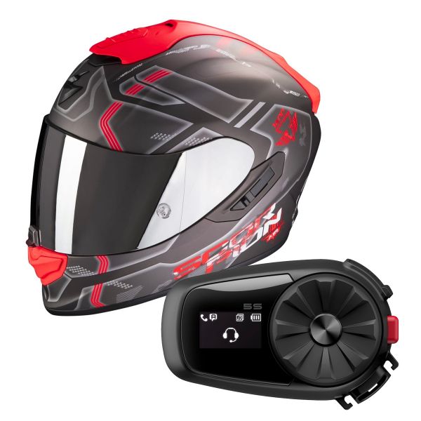 Full Face Scorpion Exo 1400 Air Spatium Matt Silver Red + Kit Bluetooth Sena 5S Solo