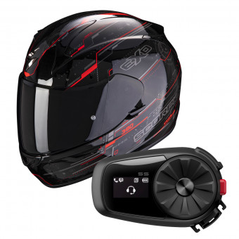 Full Face Scorpion Exo 390 Beat Black Neon Red + Kit Bluetooth Sena 5S Solo