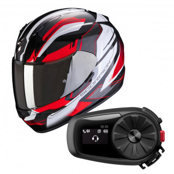 Full Face Scorpion Exo 390 Boost Black White Red + Kit Bluetooth Sena 5S Solo