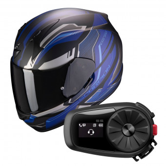 Full Face Scorpion Exo 390 Boost Matt Black Silver Blue + Kit Bluetooth Sena 5S Solo