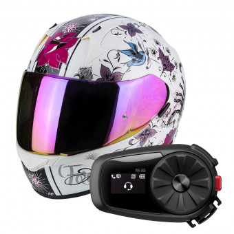 Full Face Scorpion Exo 390 Chica Pearl White Black + Kit Bluetooth Sena 5S Solo