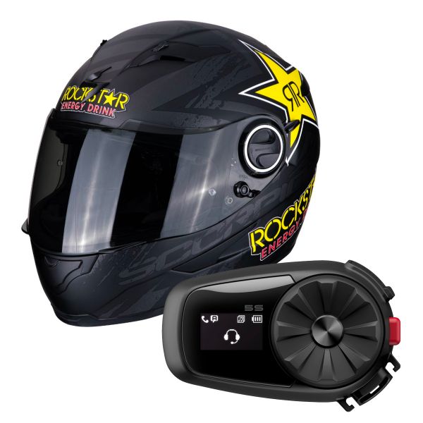 Full Face Scorpion Exo 490 Rockstar Black Yellow Red + Kit Bluetooth Sena 5S Solo