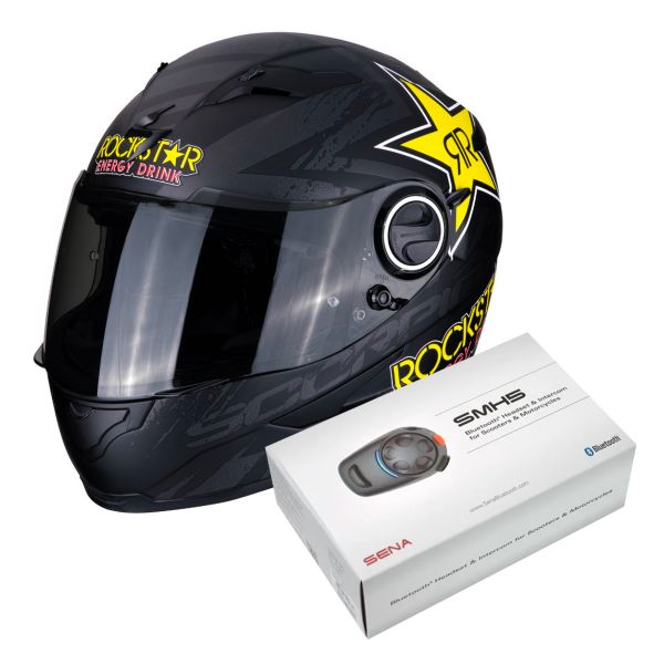 Full Face Scorpion Exo 490 Rockstar Black Yellow Red + Kit Bluetooth Sena SMH5 Solo