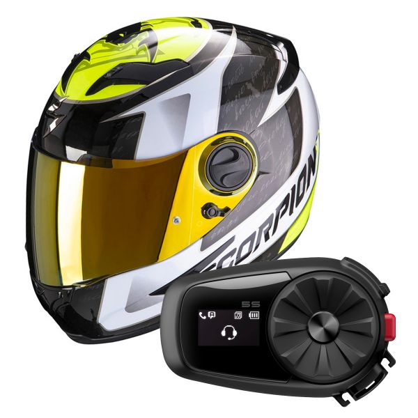 Full Face Scorpion Exo 490 Tour White Neon Yellow + Kit Bluetooth Sena 5S Solo